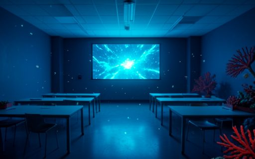 Salle de formation moderne et vide devant un grand ecran