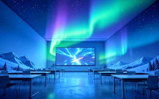 Salle de formation moderne et vide devant un grand ecran