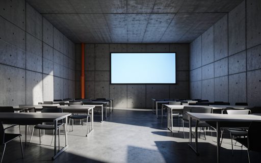 Salle de formation moderne et vide devant un grand ecran
