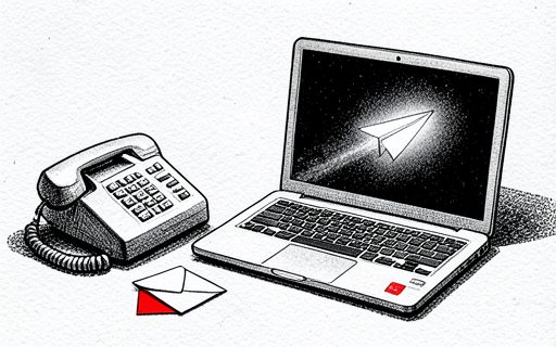 Telephone et enveloppe pres d un ordinateur, avion en papier de lumiere
