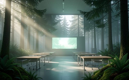 Salle de formation moderne et vide devant un grand ecran