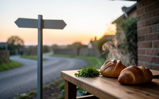 Panneau vide a un carrefour calme sous un horizon lumineux