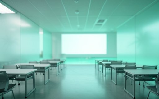 Salle de formation moderne et vide devant un grand ecran