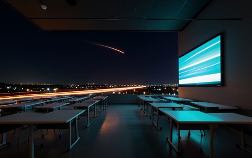 Salle de formation moderne et vide devant un grand ecran