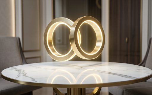 Deux anneaux lumineux entrelaces au-dessus d une table