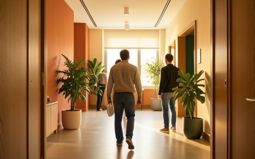 Jeunes professionnels qui entrent dans des bureaux accueillants