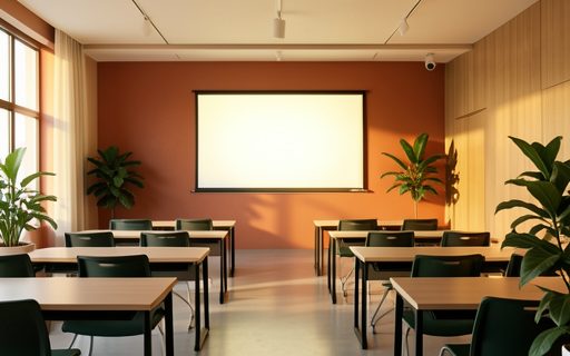 Salle de formation moderne et vide devant un grand ecran