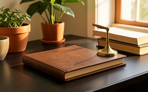 Registre ferme et presse-papier sur un bureau range