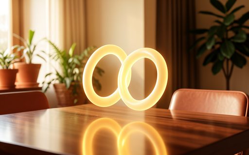 Deux anneaux lumineux entrelaces au-dessus d une table