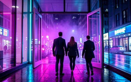 Jeunes professionnels qui entrent dans des bureaux accueillants