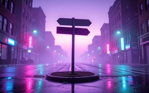 Panneau vide a un carrefour calme sous un horizon lumineux