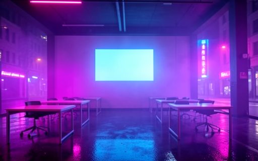Salle de formation moderne et vide devant un grand ecran