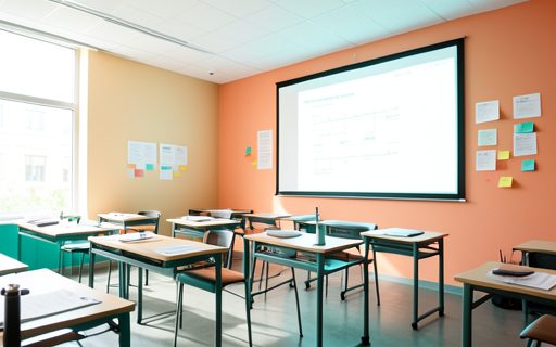 Salle de formation moderne et vide devant un grand ecran